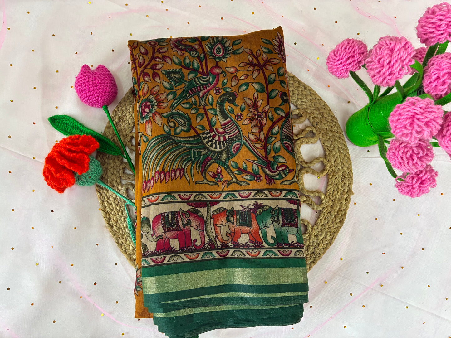 Mustard and Green Kalamkari Printed Saree