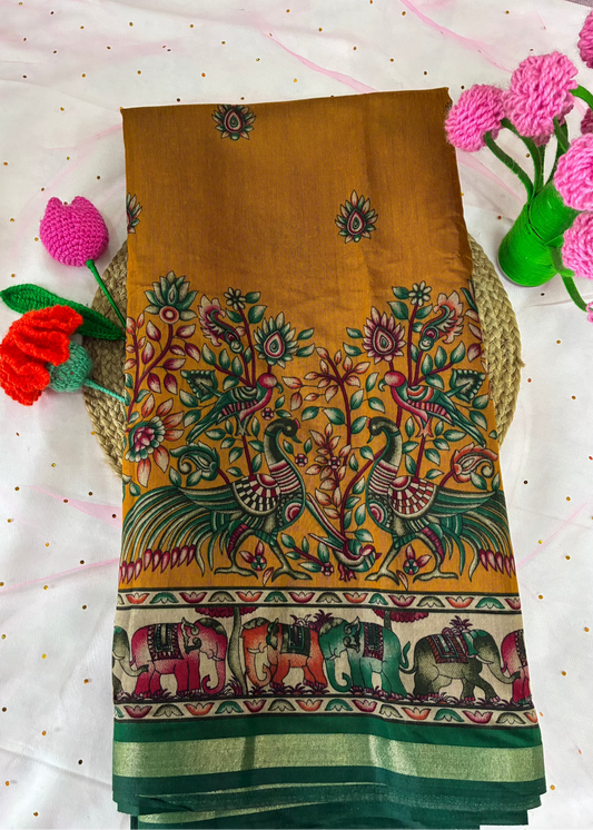 Mustard and Green Kalamkari Printed Saree