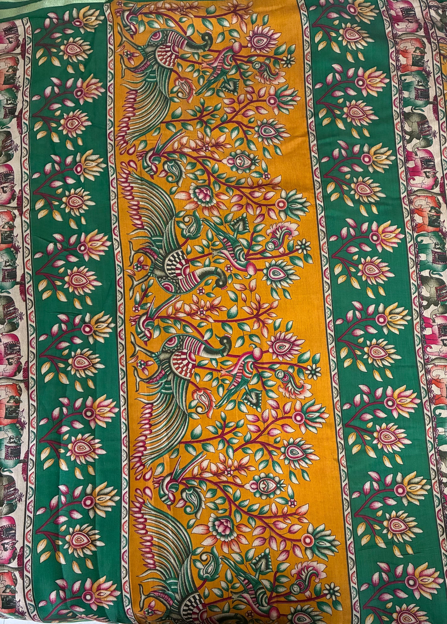 Mustard and Green Kalamkari Printed Saree