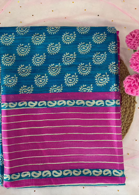 Blue and Pink Printed Khadi Silk Saree