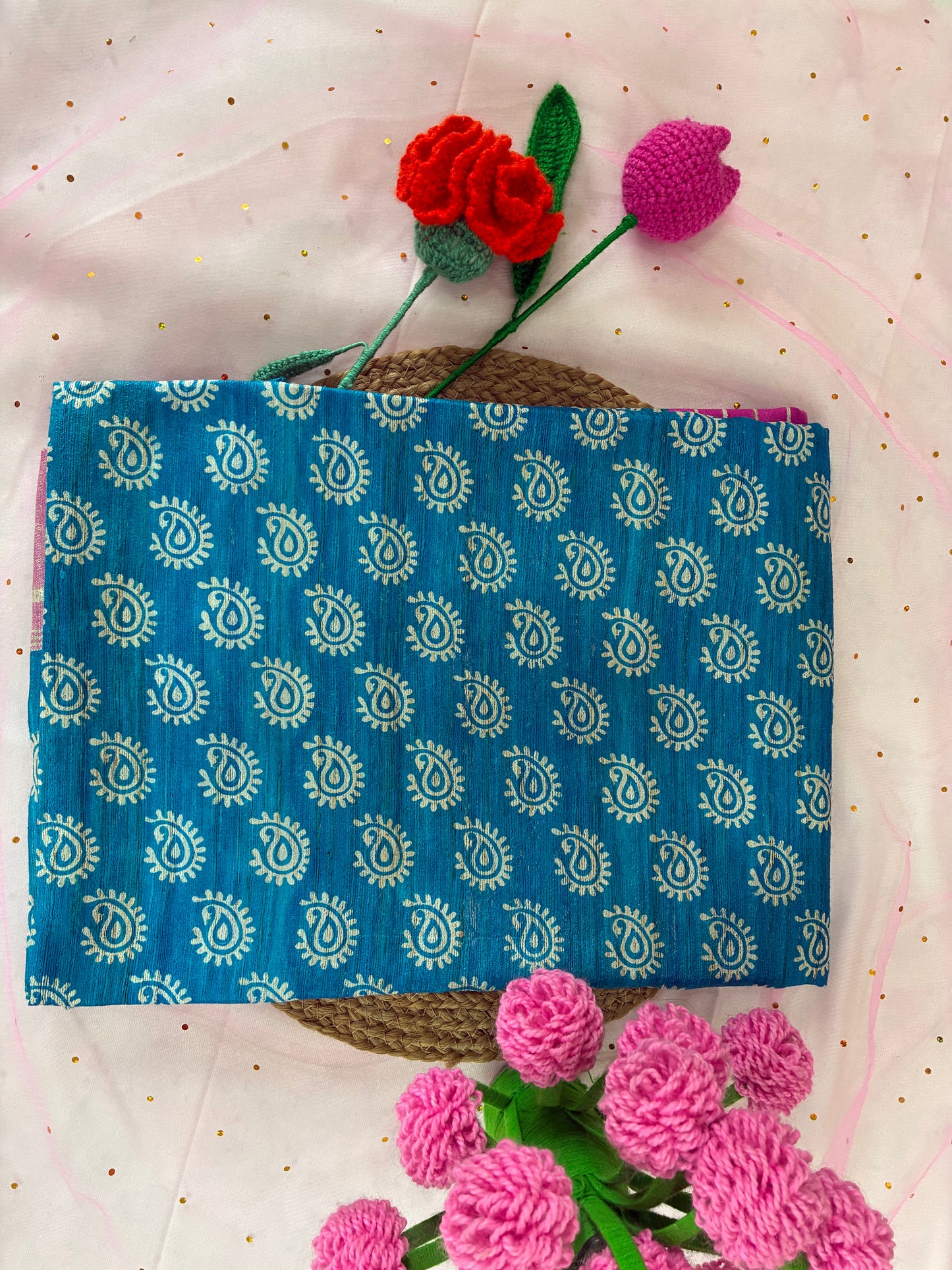 Blue and Pink Printed Khadi Silk Saree