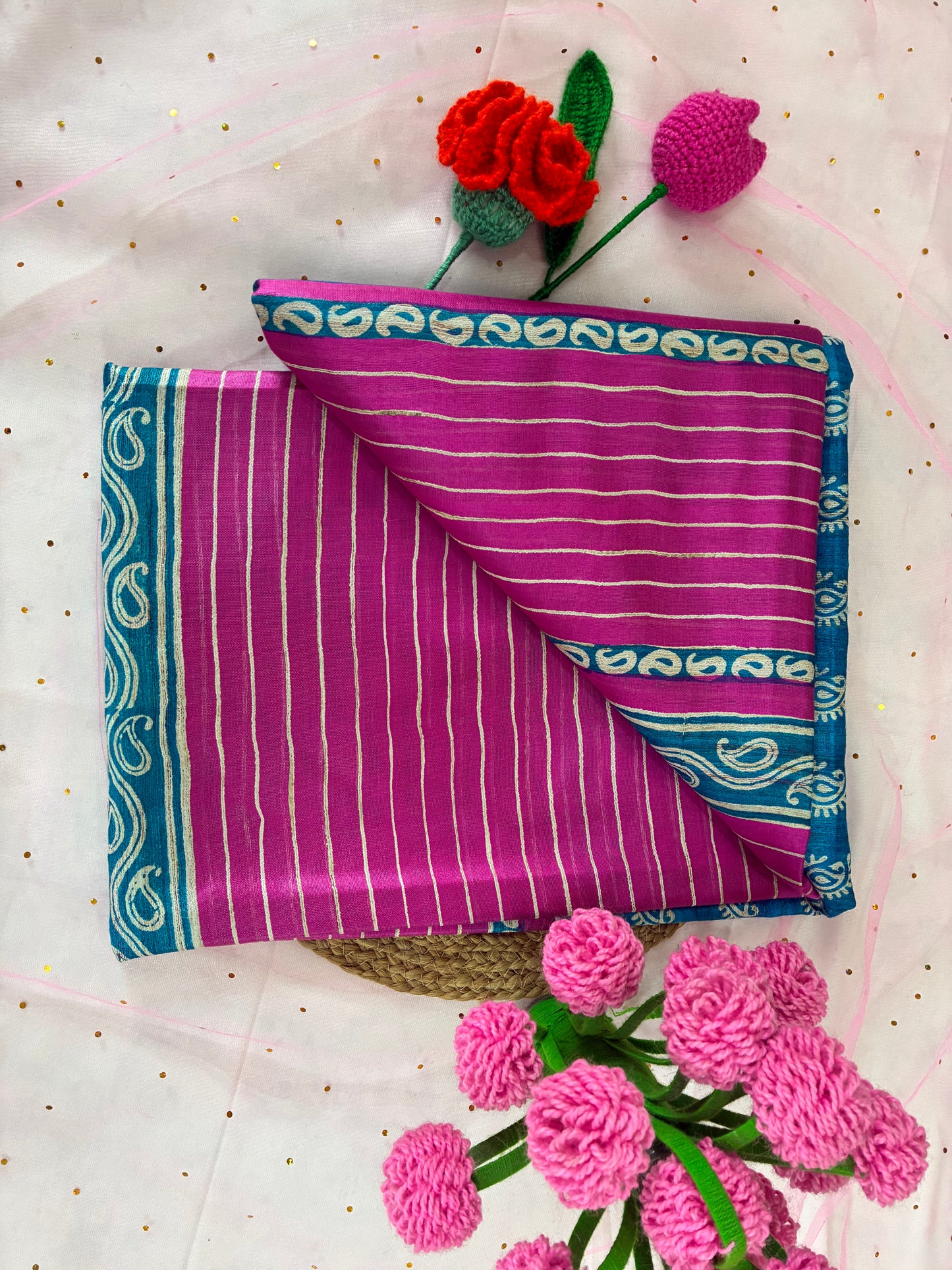 Blue and Pink Printed Khadi Silk Saree