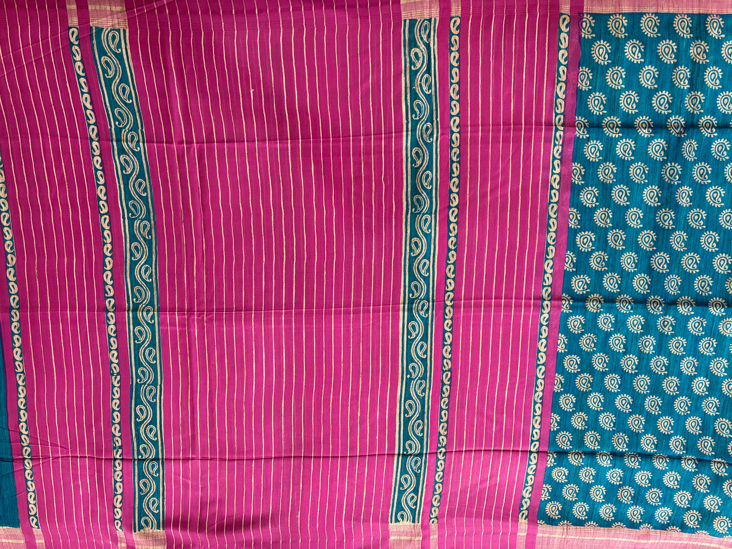 Blue and Pink Printed Khadi Silk Saree
