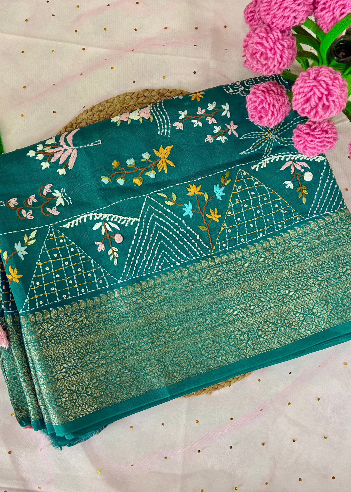 Teal Kantha Work -Habutai Silk Saree