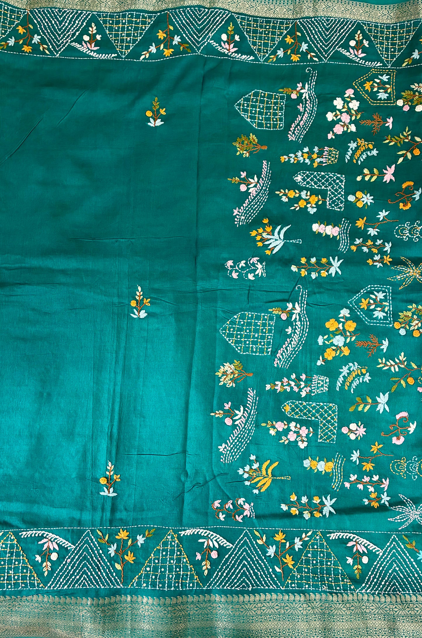 Teal Kantha Work -Habutai Silk Saree