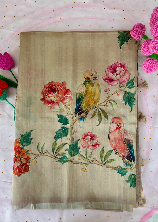 Beige Bird Printed Art Silk Saree