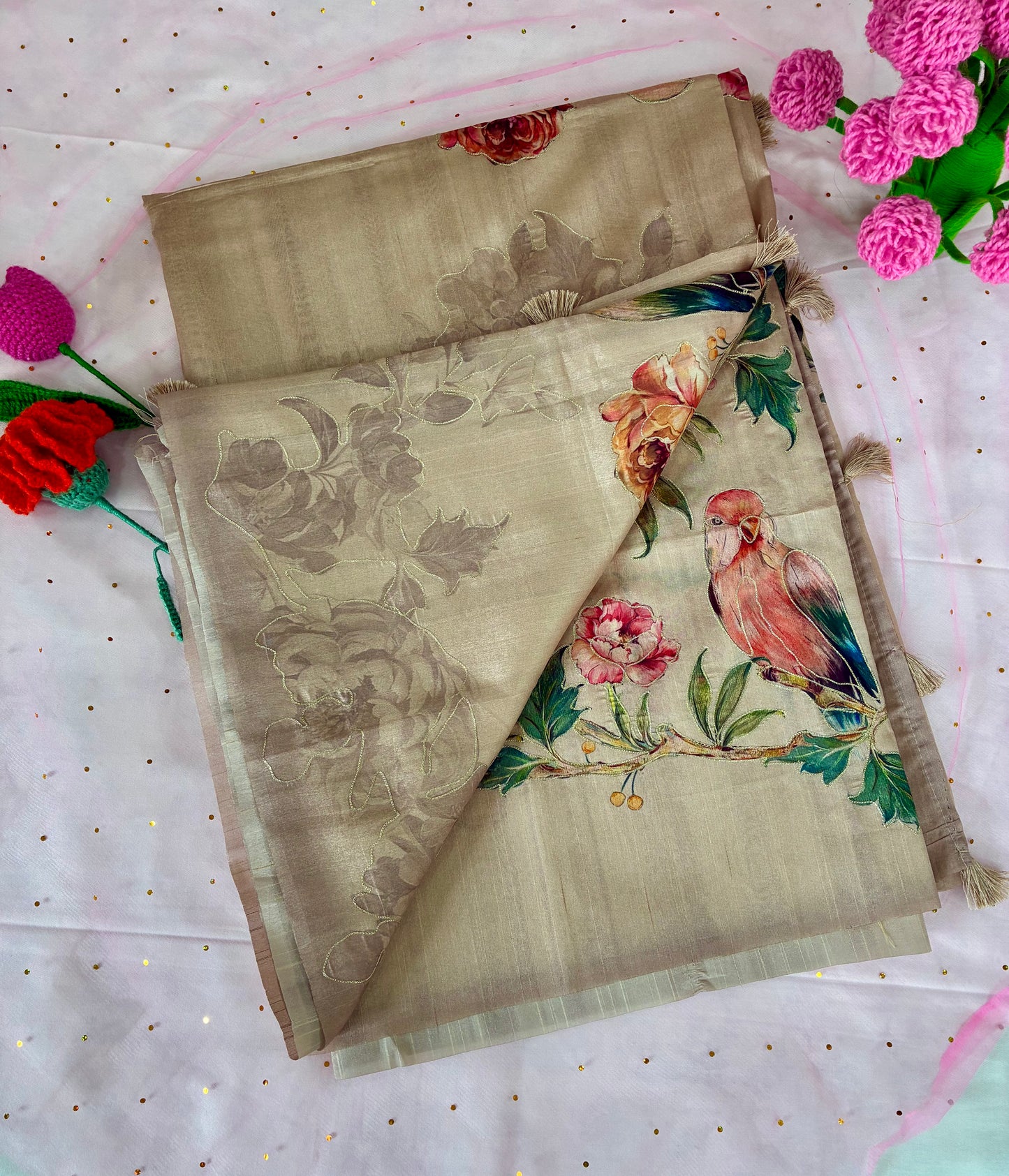Beige Bird Printed Art Silk Saree