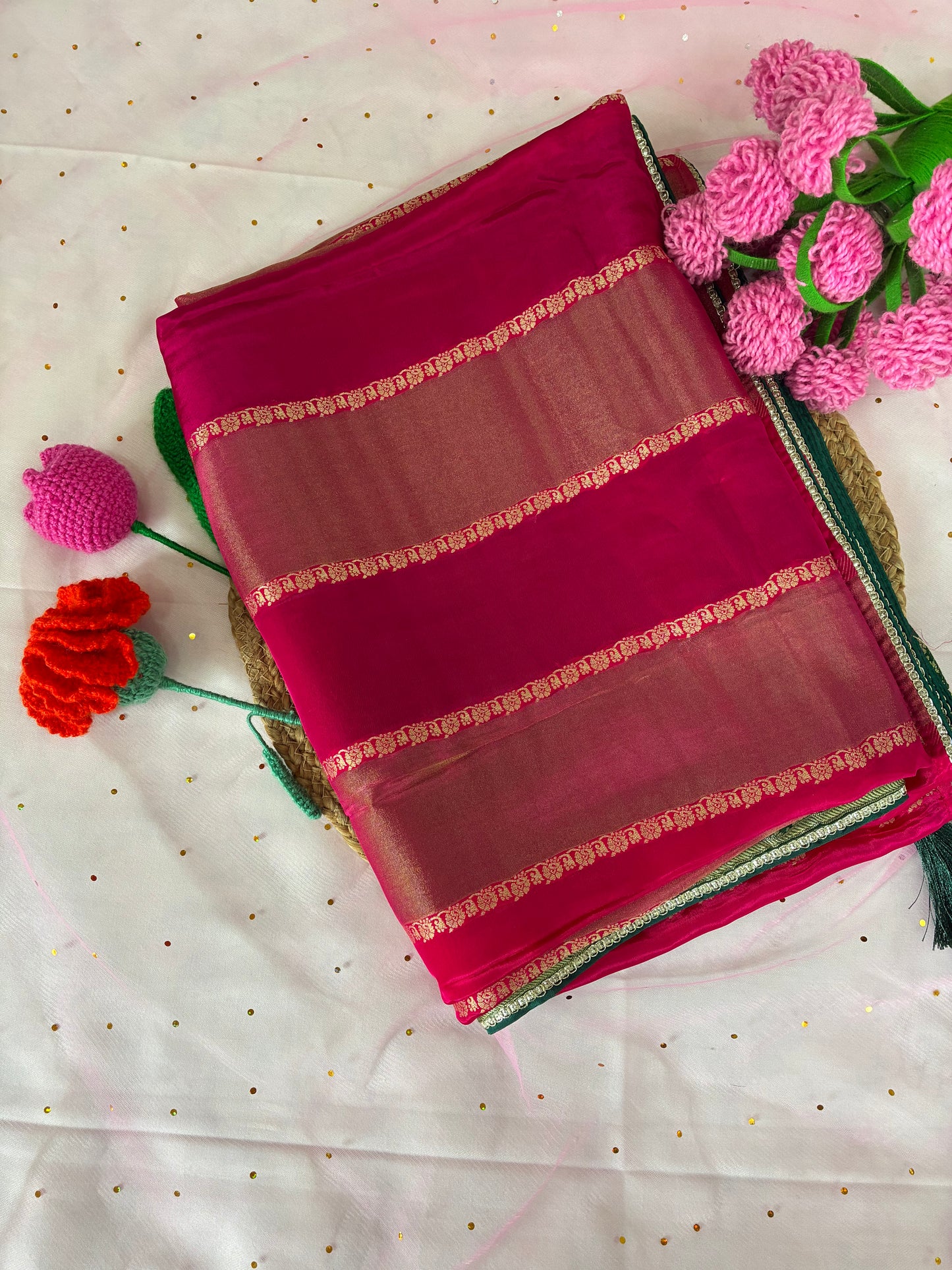Pink Striped Dola Silk Saree