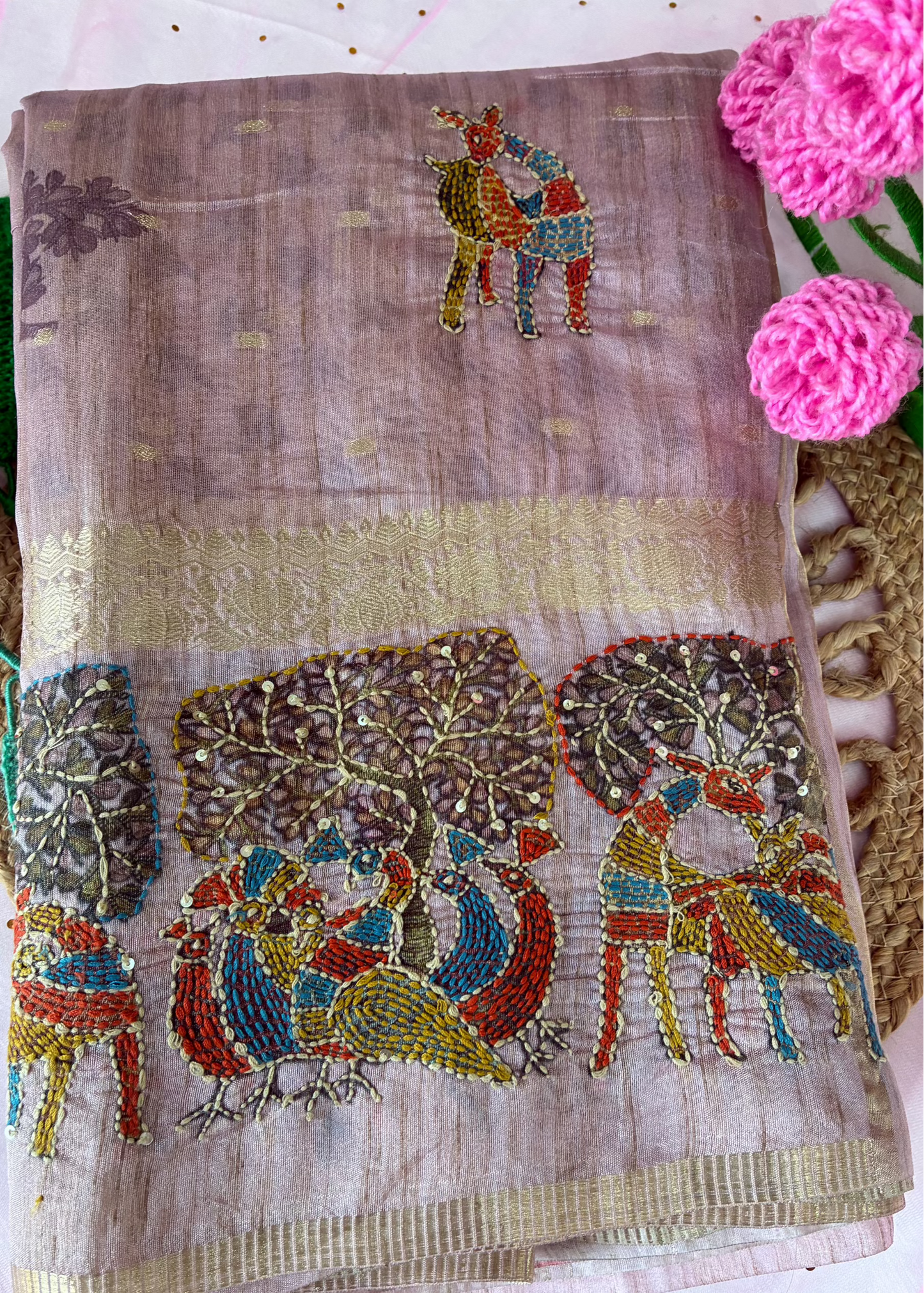 Pastel Kantha Work Saree