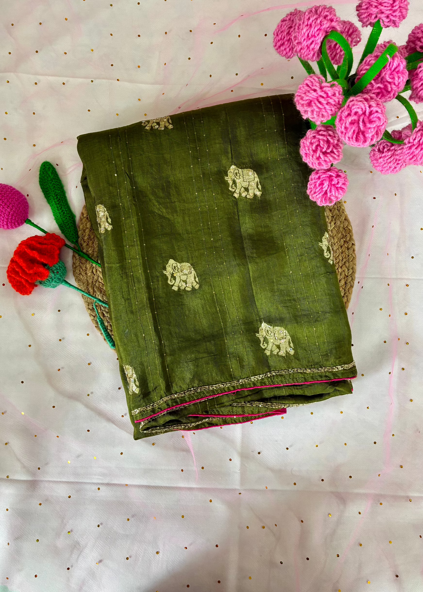 Green Elephant Motif Festive Saree