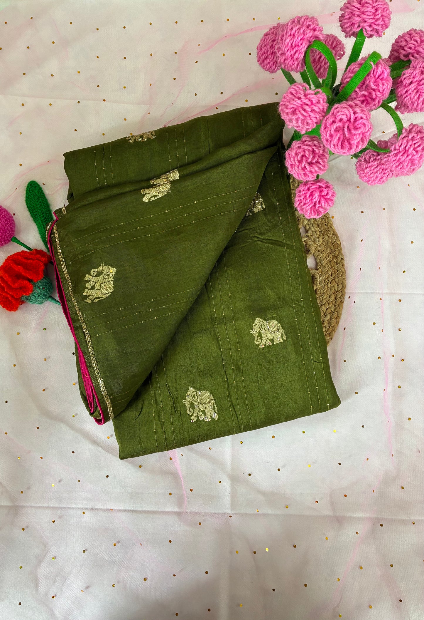 Green Elephant Motif Festive Saree