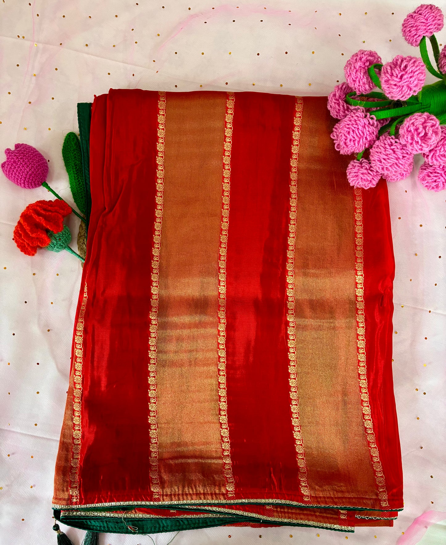 Red Striped Dola Silk Saree
