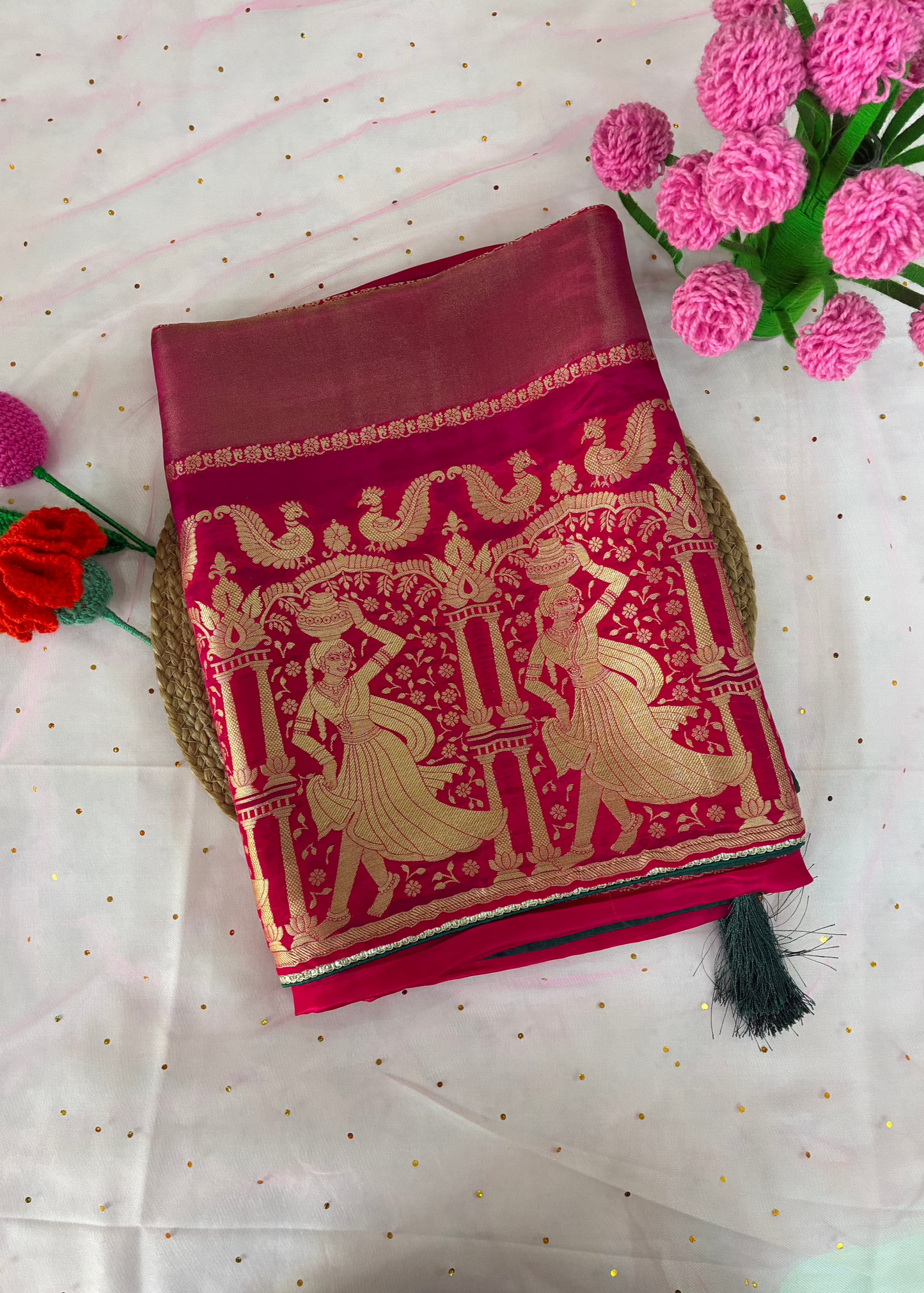 Pink Striped Dola Silk Saree