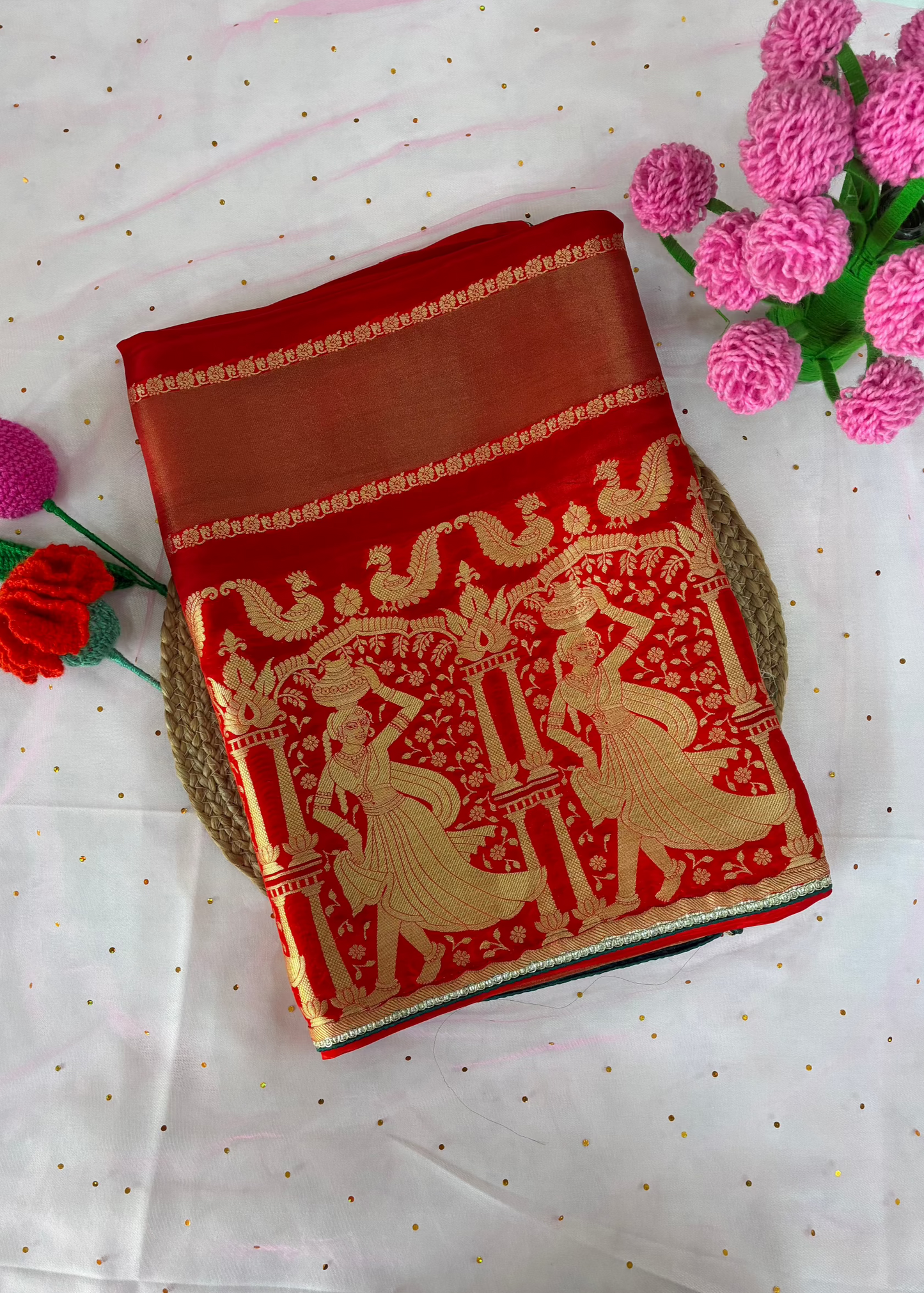 Red Striped Dola Silk Saree