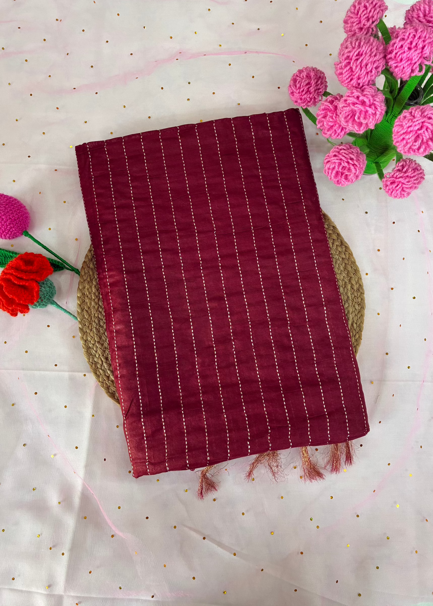 Maroon Crumbled Chanderi Saree