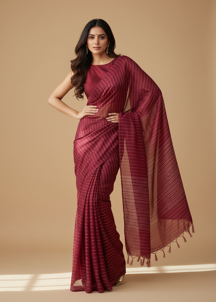 Woman wearing a maroon saree with a plain background