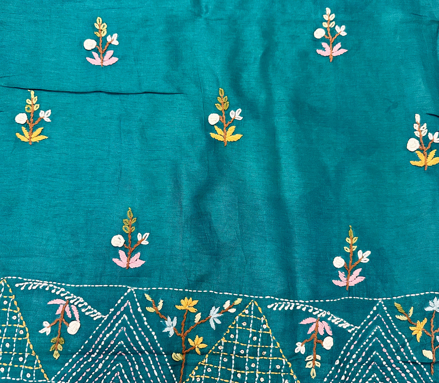 Teal Kantha Work -Habutai Silk Saree