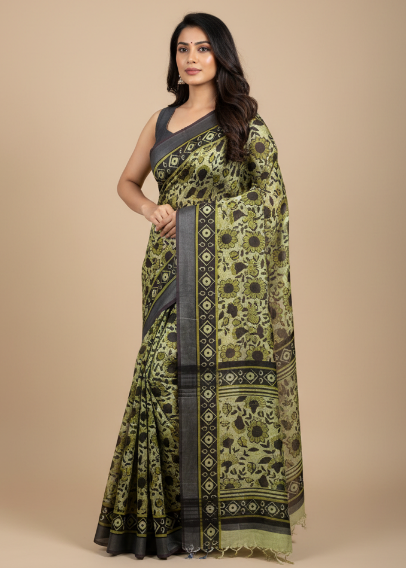 Floral green Linen Cotton Saree