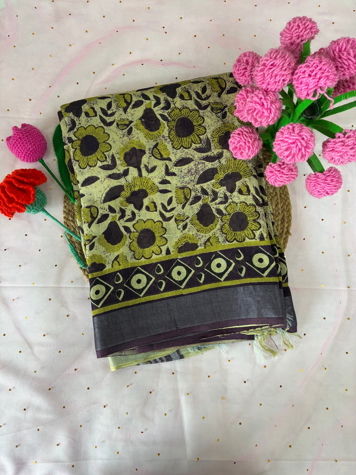 Floral green Linen Cotton Saree