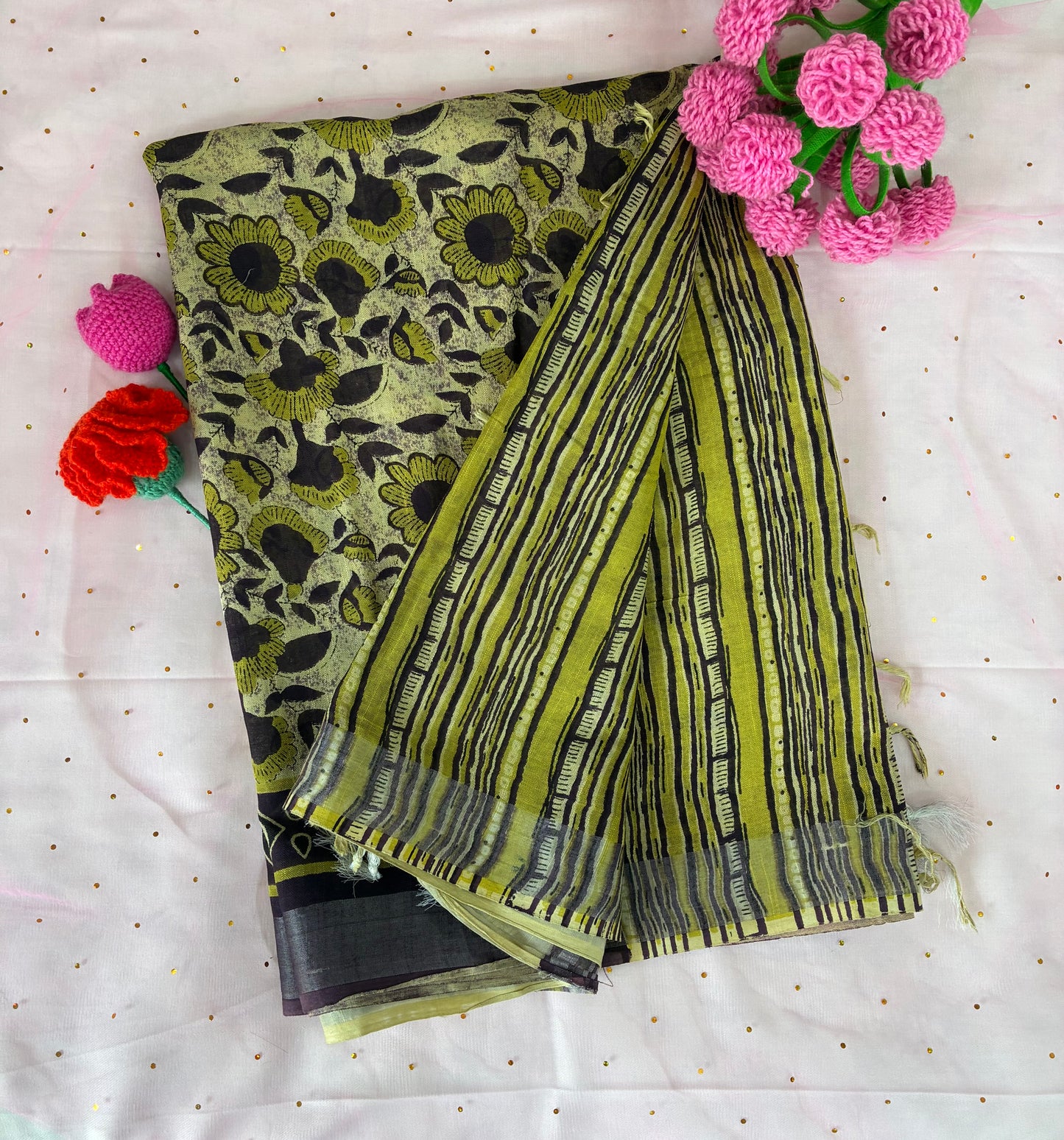 Floral green Linen Cotton Saree