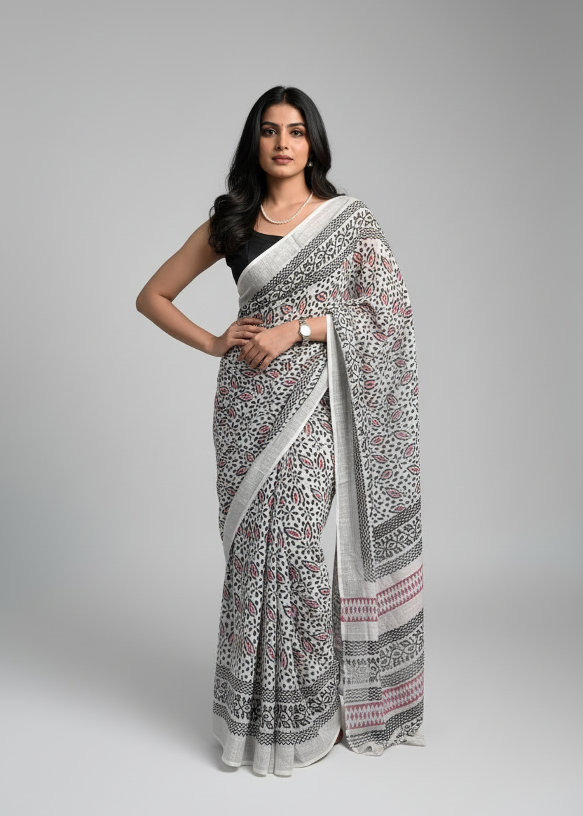 Vritti- White Linen Cotton Saree