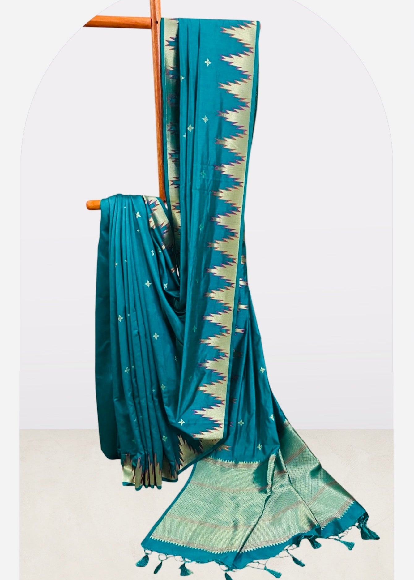 Teal Temple Border Chanderi Silk