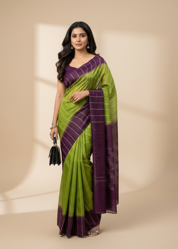 Purple Green Chanderi Cotton