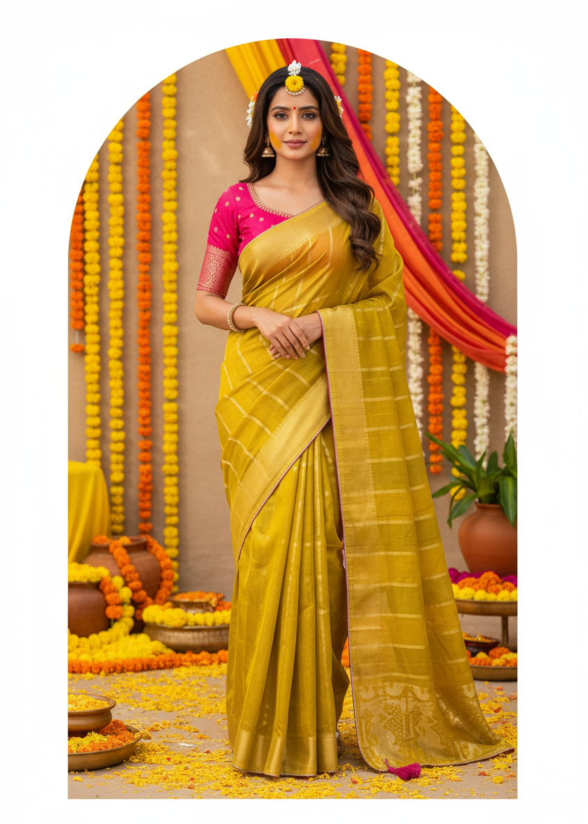 Woman in a yellow saree with pink blouse against a decorated background
