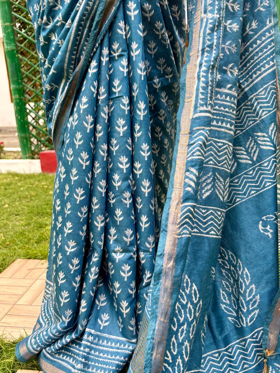 Indiva- Deep Blue Chanderi Bagru Print