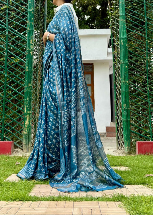 Indiva- Deep Blue Chanderi Bagru Print